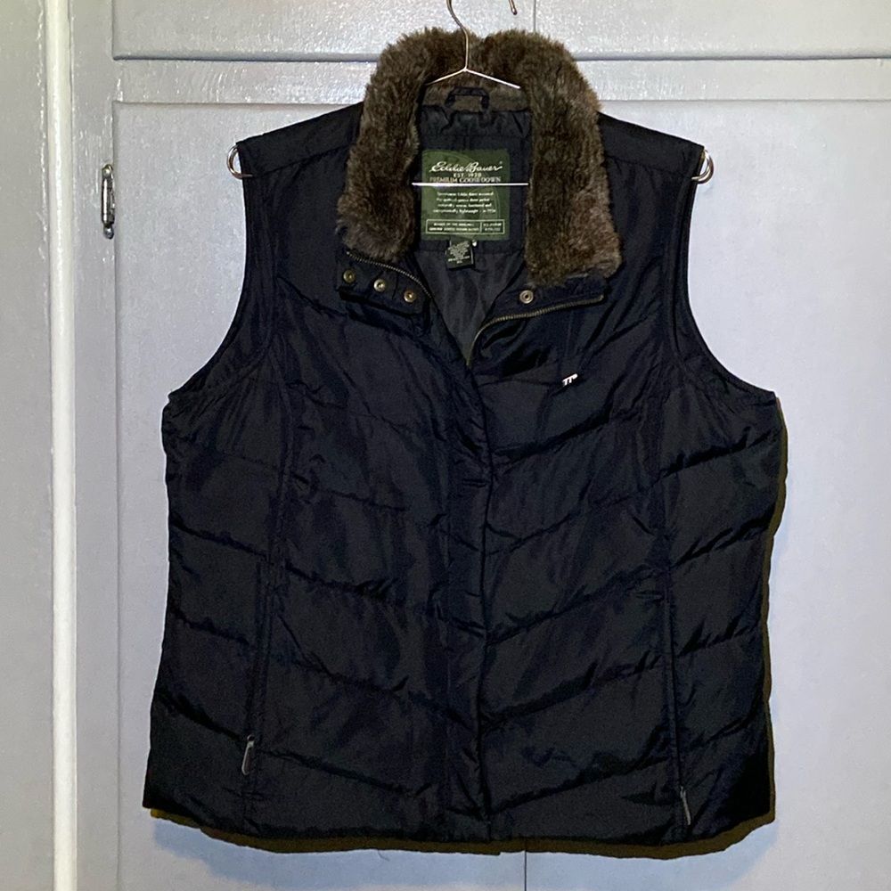 Eddie bauer women goose down quilted collar faux fur vest size xl black full zip